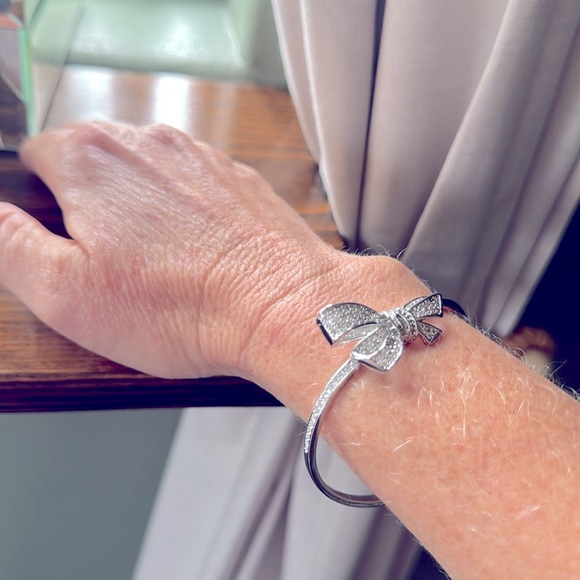 Silver Bangle Bow Bracelet with Faux Diamonds - Picture 6 of 6